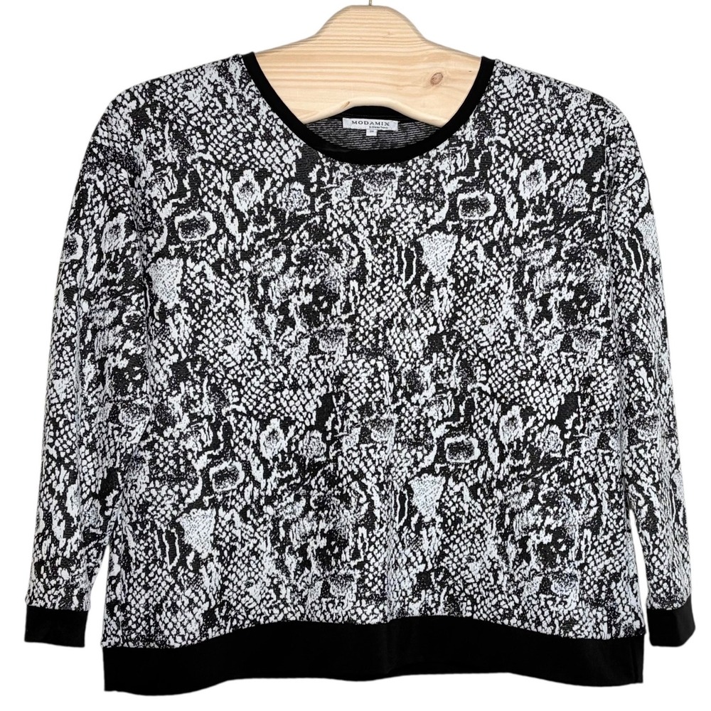 MODAMIX Pullover Top 3X Black White Snakeskin Print Long Sleeve Crew Neck‎